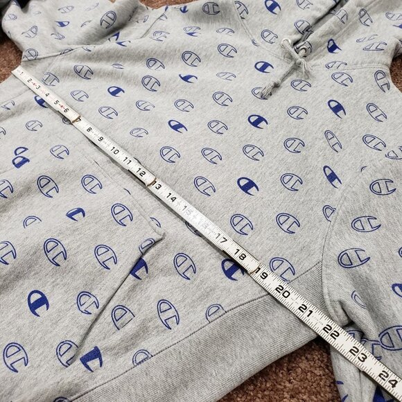 Champion Reverse Weave Mens Medium M Hoodie Sweatshirt Gray Grey Logo All Over - Picture 7 of 12